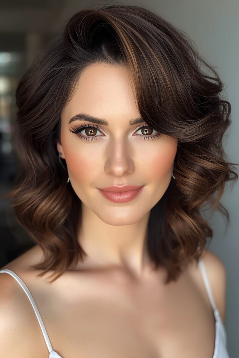 Young woman with styled wavy brown hair and natural glam makeup wearing a white top