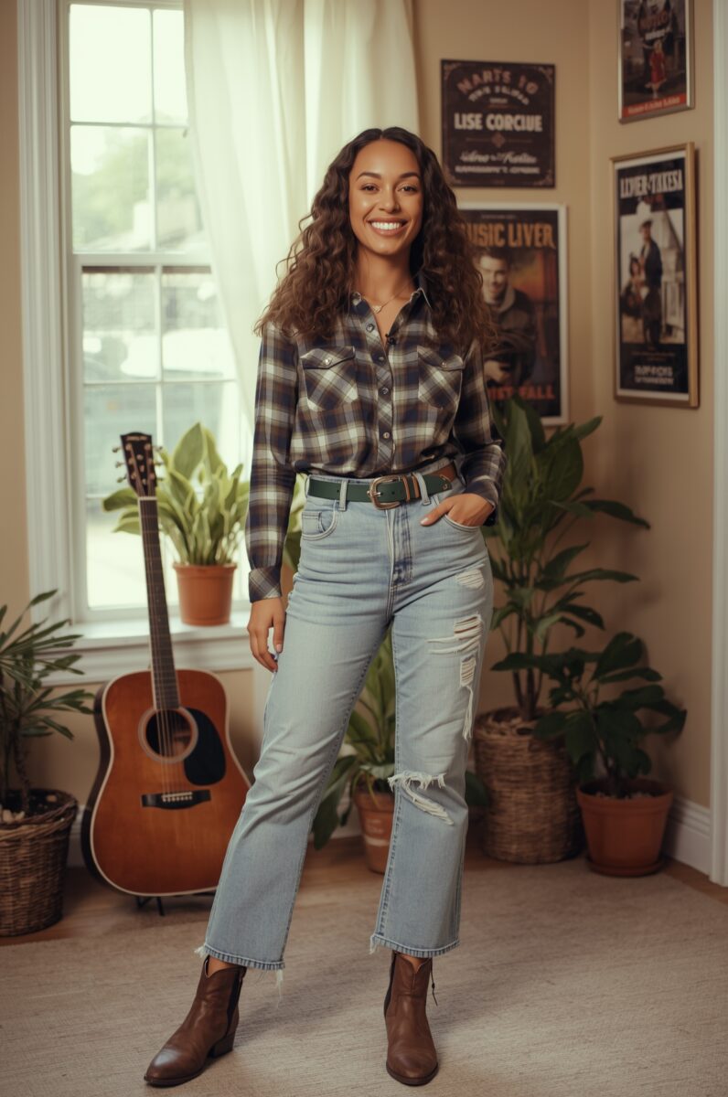 Smiling woman in plaid flannel shirt, ripped light-wash jeans, brown cowboy boots, standing in music-themed room with acoustic guitar