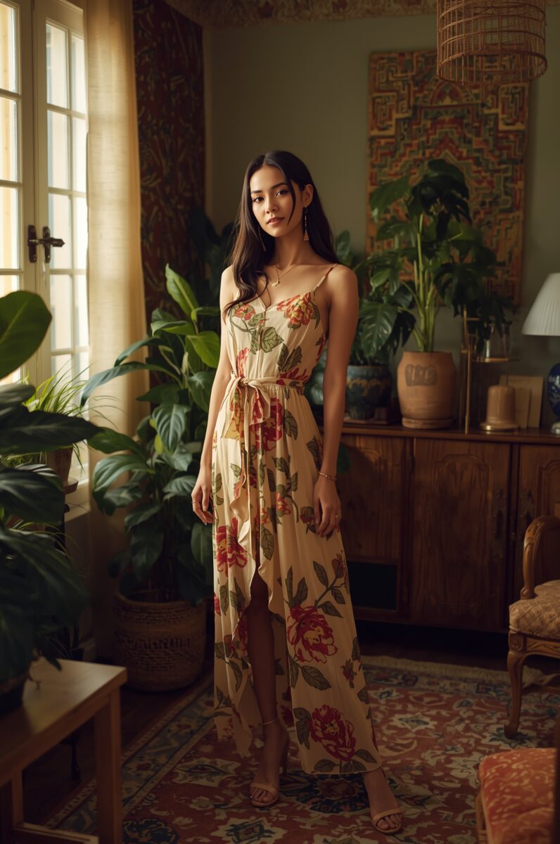 Young woman in floral maxi dress standing in a warmly lit boho-style living room with tropical plants