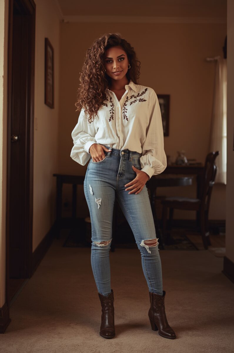 Young woman with curly hair wearing white embroidered blouse, ripped skinny jeans, and brown ankle boots indoors