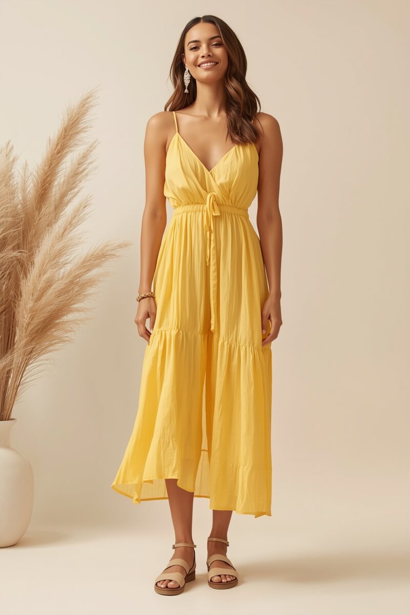 Woman wearing a yellow flowy midi dress with spaghetti straps, tiered skirt, and tan sandals