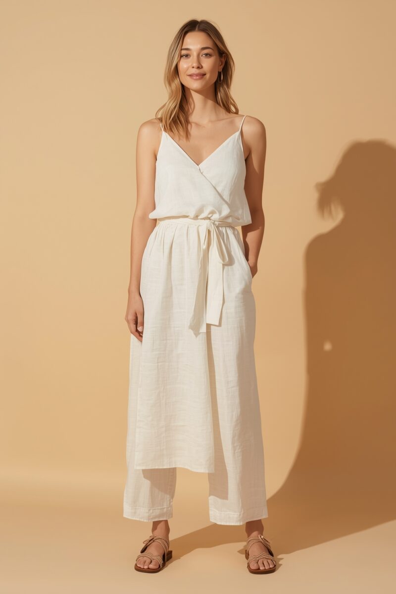 Woman wearing white linen wide-leg pants and wrap camisole top with tan sandals against beige background