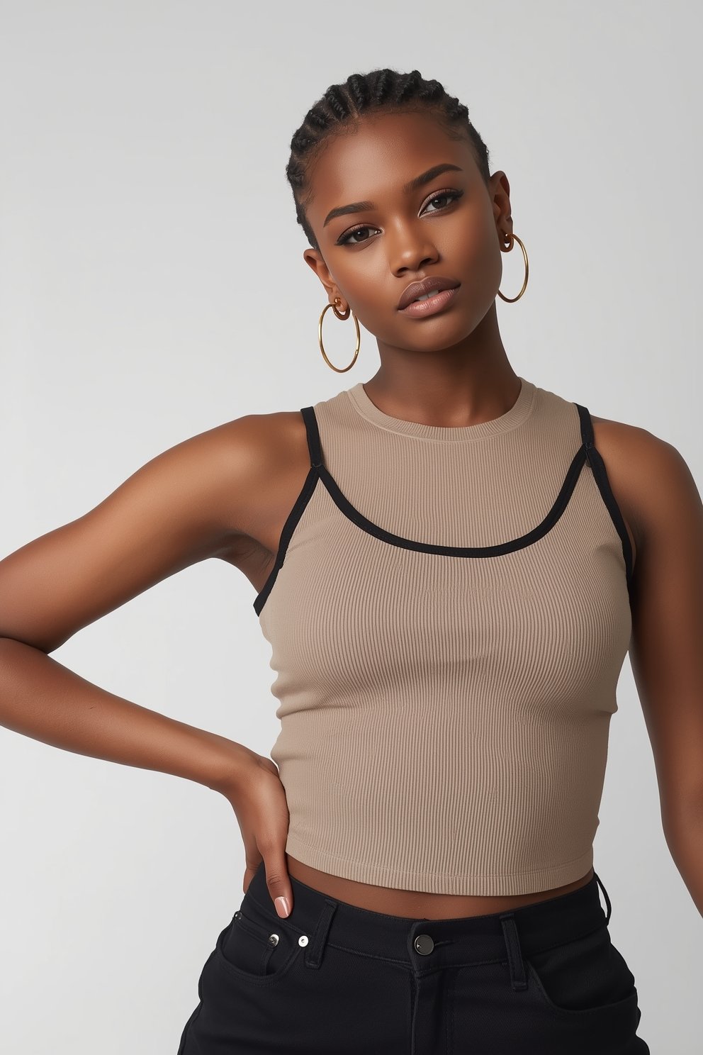 Young woman wearing a ribbed beige crop tank top with black trim, black jeans, and gold hoop earrings