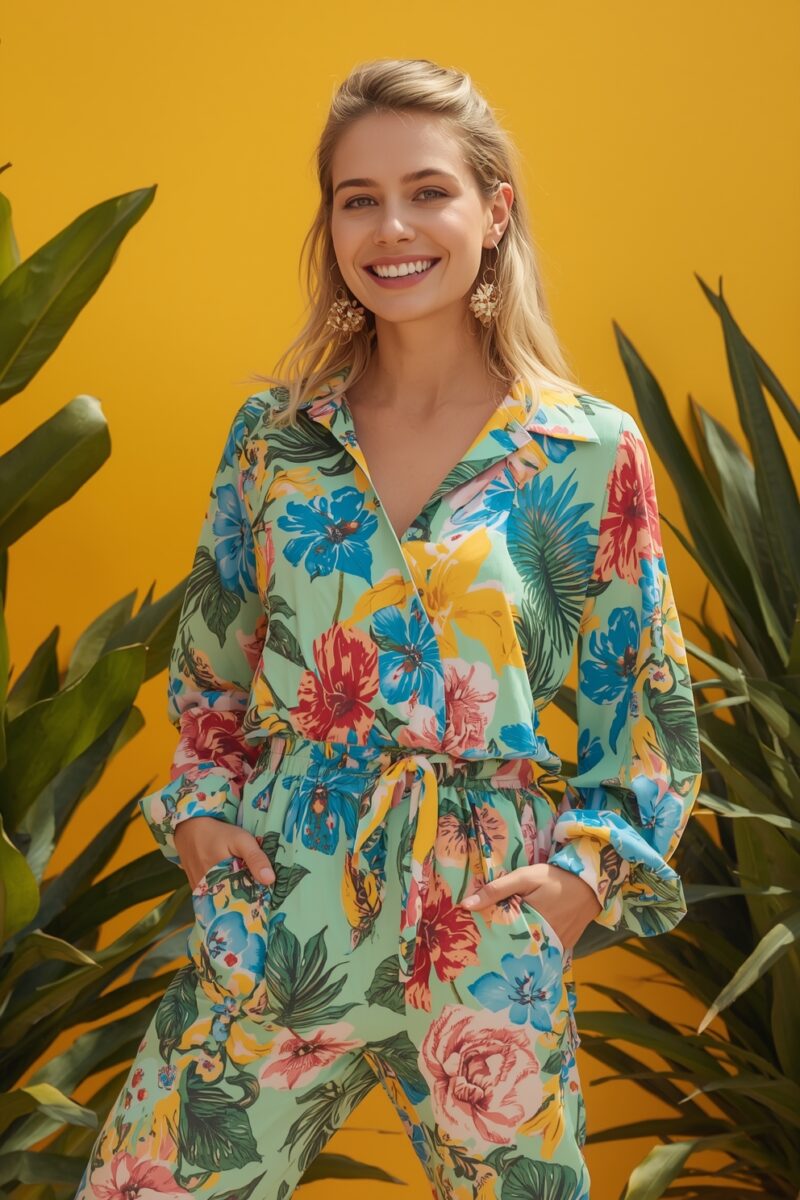 Smiling blonde woman in colorful tropical floral jumpsuit posing with tropical plants against yellow background