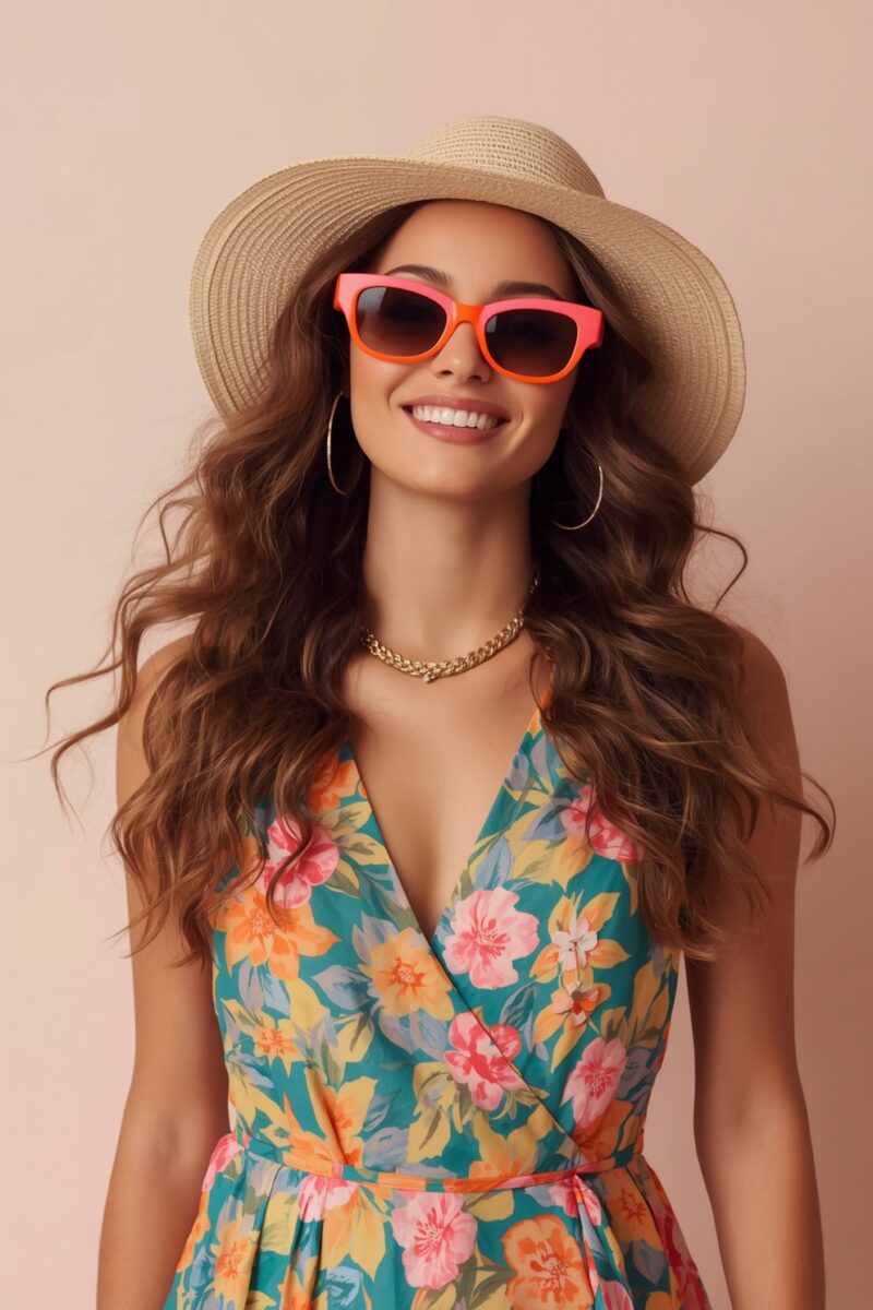 Smiling woman wearing a straw hat, pink sunglasses, gold chain necklace, and colorful floral dress
