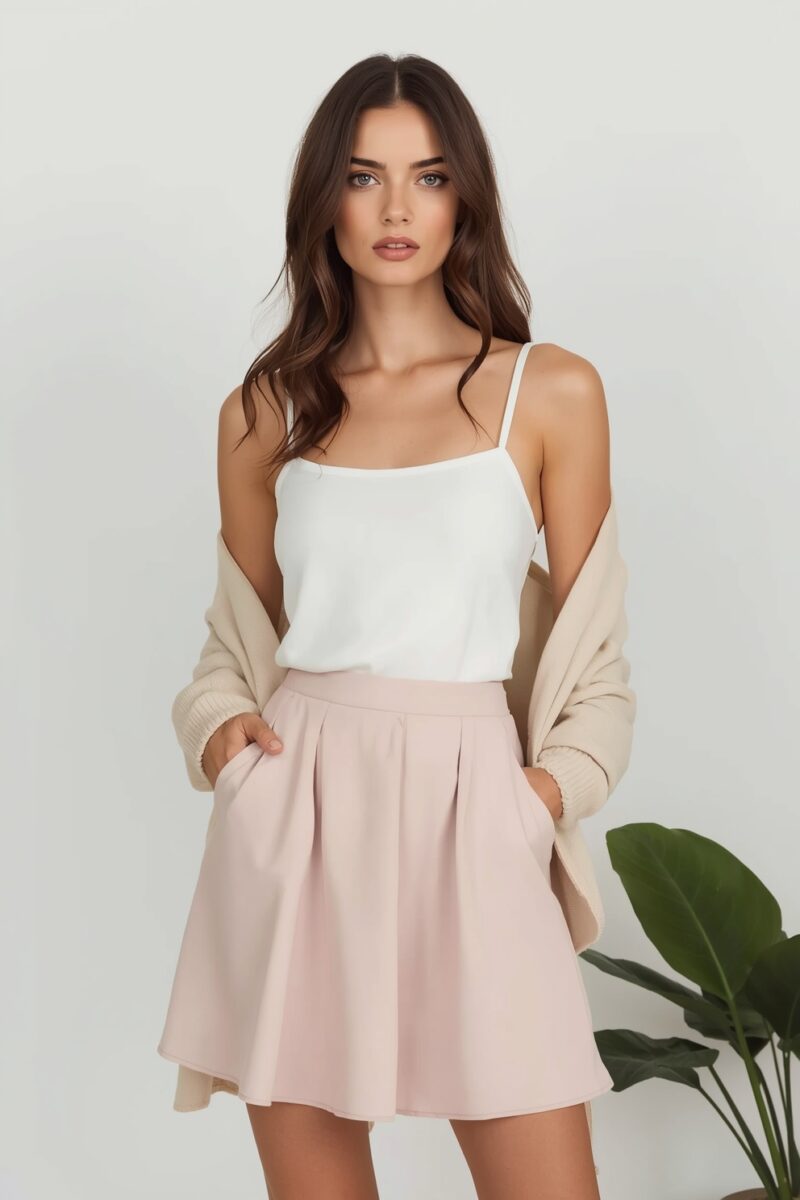 Woman wearing white spaghetti strap cami top, blush pink pleated mini skirt, and beige oversized cardigan