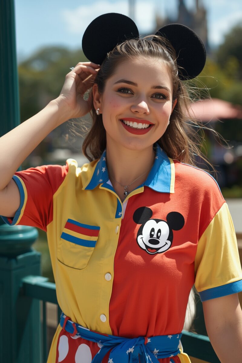 Smiling woman wearing Mickey Mouse ears headband and colorful Mickey Mouse themed shirt at a Disney theme park