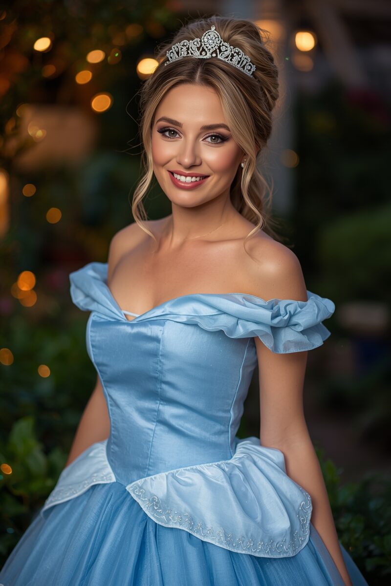 Woman in light blue Cinderella ball gown with silver tiara and elegant updo hairstyle, smiling outdoors