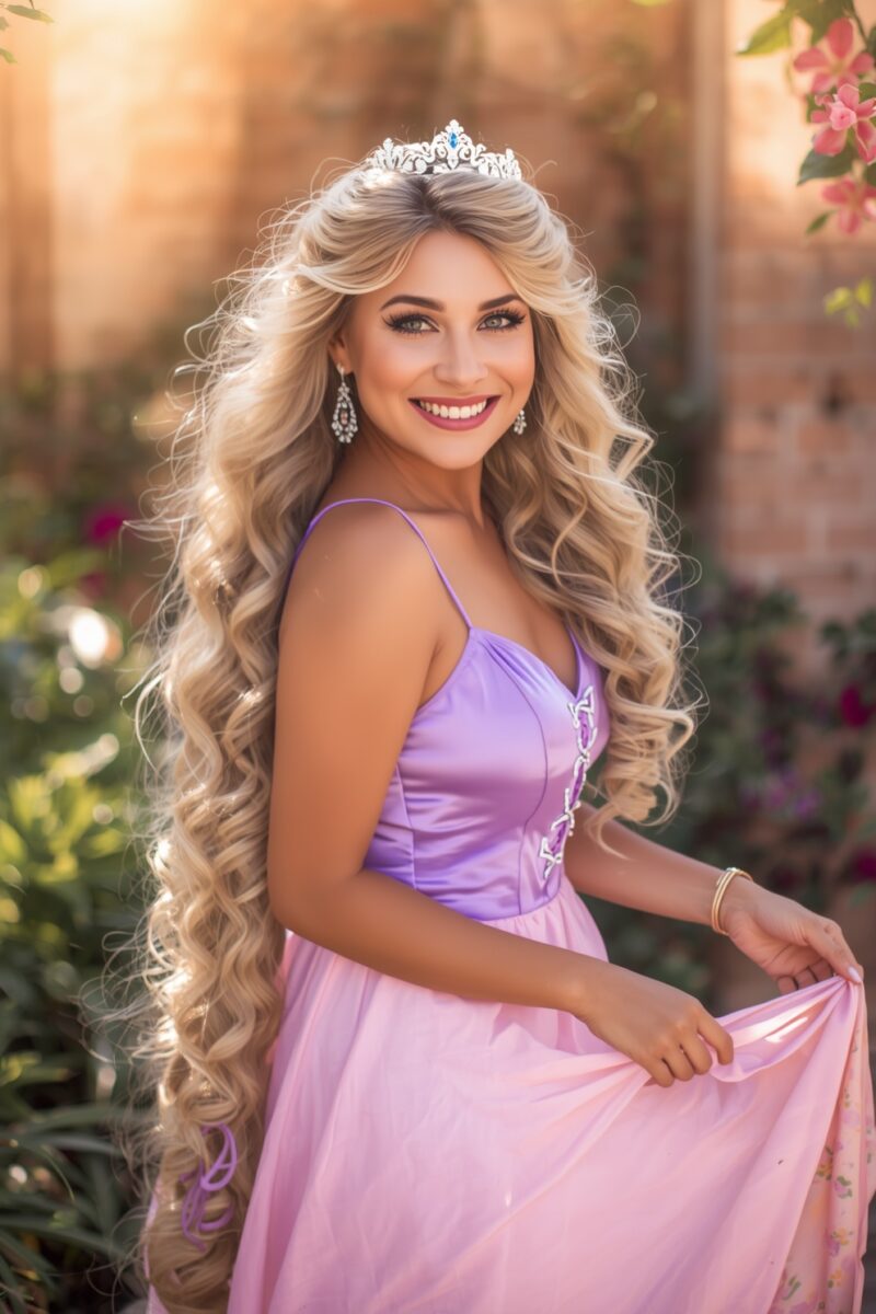 Smiling woman in lavender and pink princess gown with tiara and long curly blonde hair in a garden