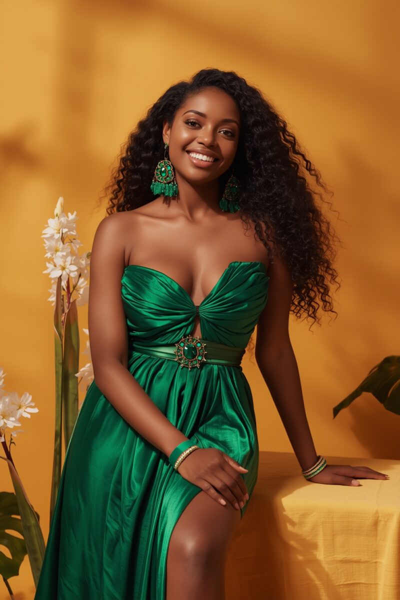 Smiling woman in emerald green strapless satin gown with matching jewelry against golden background