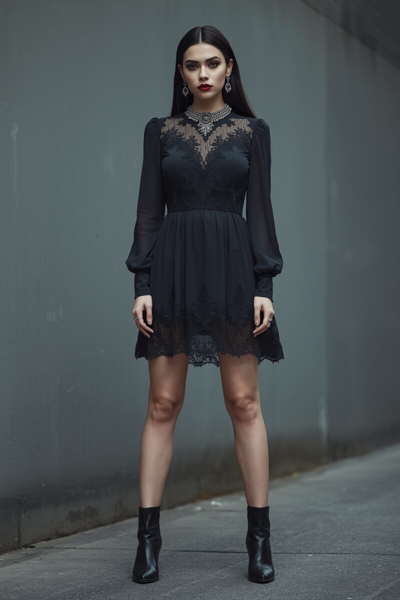 Young woman in black lace mini dress with sheer sleeves, statement necklace, and black ankle boots
