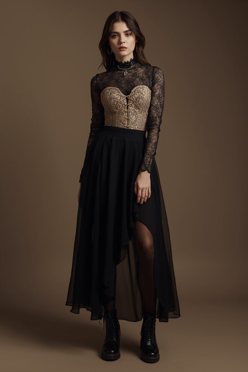 Woman wearing black lace top, gold embroidered corset, flowing black asymmetrical skirt, and combat boots
