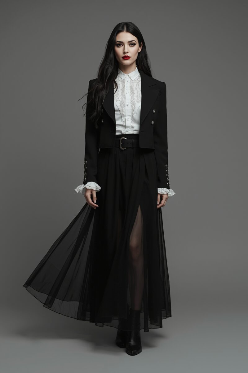 Woman in black cropped blazer, white lace blouse, sheer black maxi skirt with belt and ankle boots