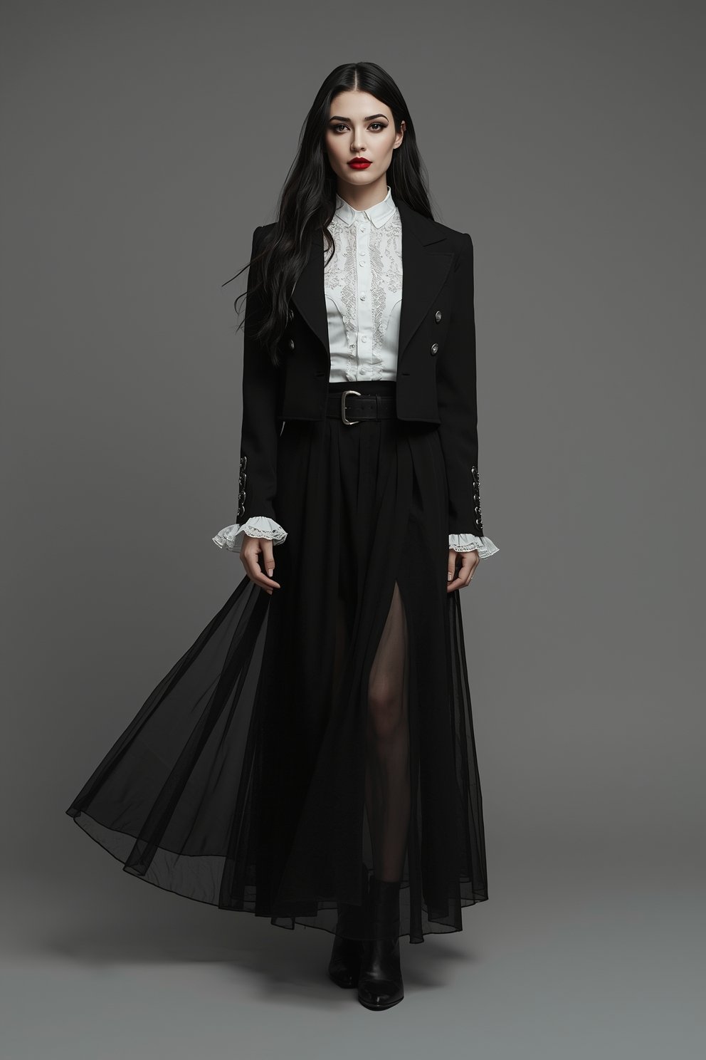 Woman in black cropped blazer, white lace blouse, sheer black maxi skirt with belt and ankle boots