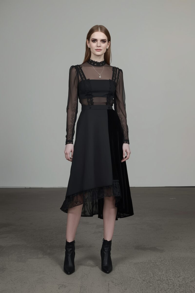 Woman wearing black sheer long-sleeve midi dress with lace details, velvet panel, and ankle boots