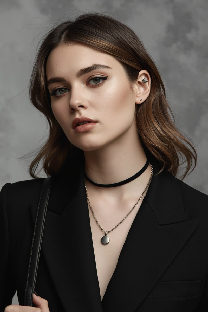 Young woman in black blazer wearing layered necklaces and choker with shoulder-length brown hair