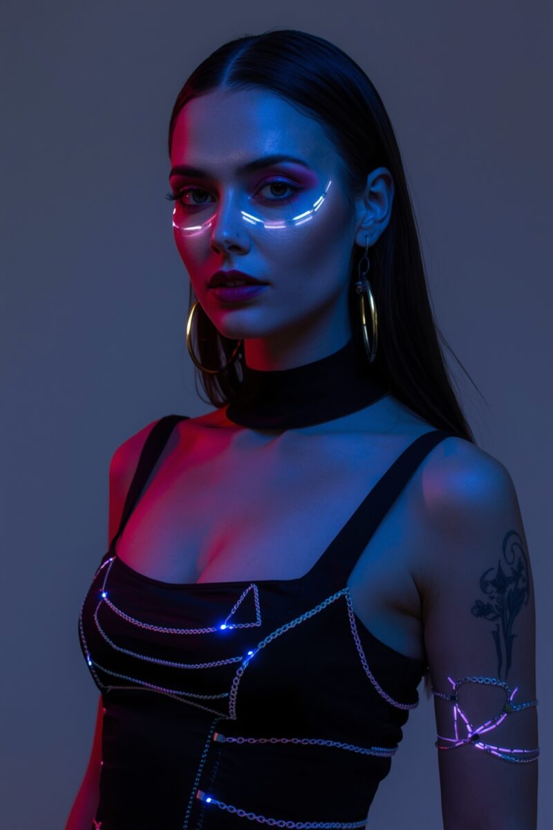 Woman with neon glowing face makeup and LED chain harness under blue and red studio lighting