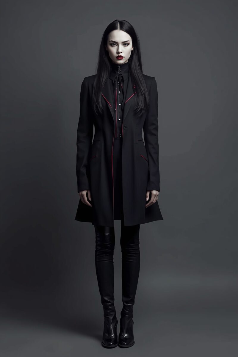 Woman in black gothic coat with red trim, long dark hair, red lips, black leggings and ankle boots