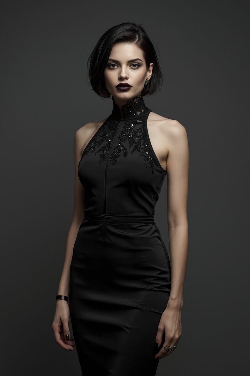 Woman in elegant black halter dress with floral embroidery and dark makeup against gray studio background