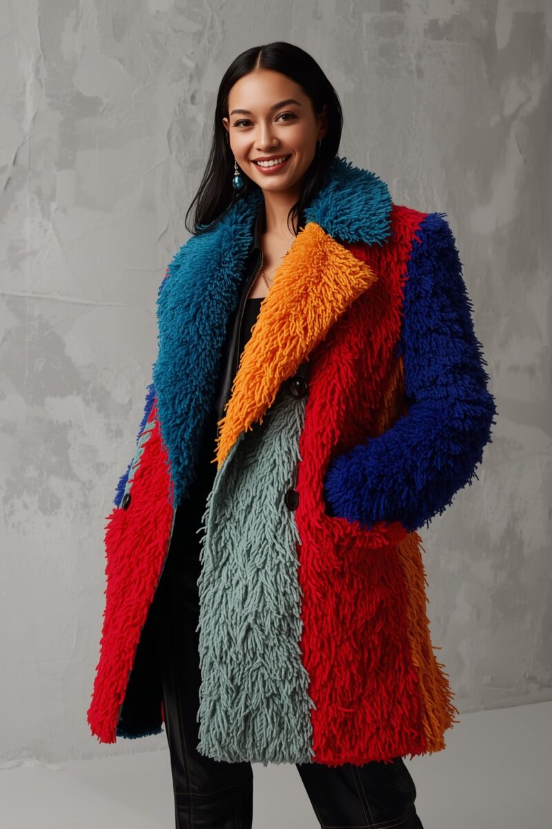 Woman smiling in colorblock shaggy faux fur coat with teal, red, orange, blue, and sage patches