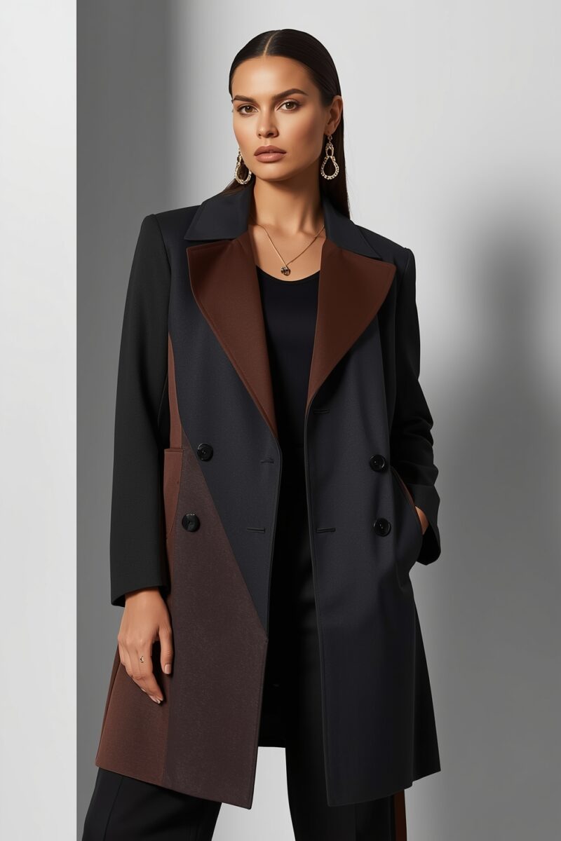 Woman wearing black and brown two-tone double-breasted longline coat with gold drop earrings