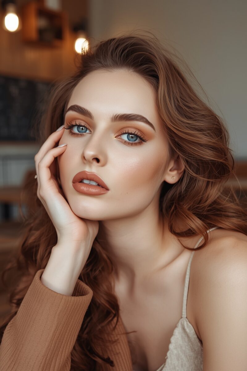 Young woman with blue eyes and auburn hair posing with hand on cheek, wearing warm-toned makeup and brown cardigan