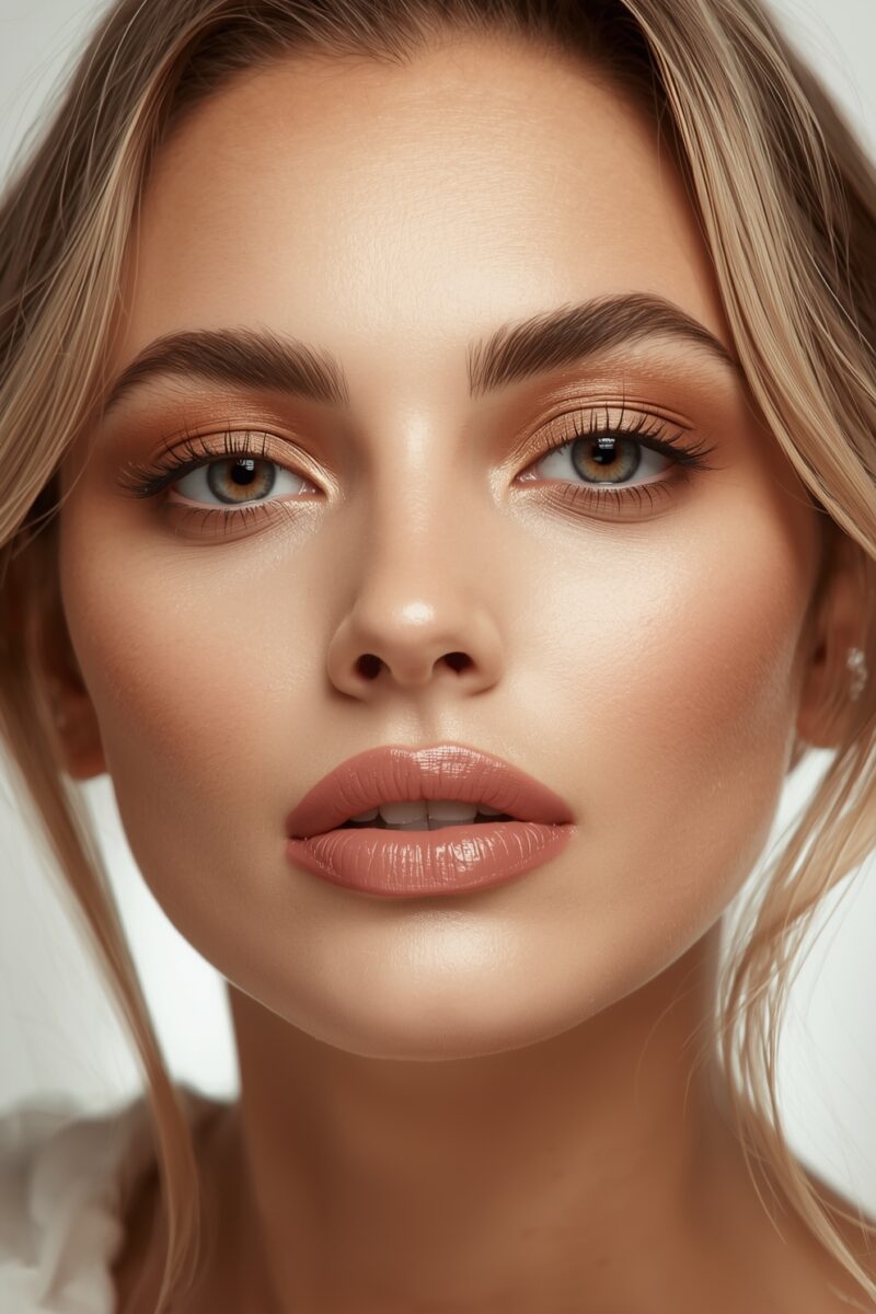 Close-up portrait of a woman with blonde hair, hazel eyes, warm bronze eyeshadow, and nude-pink glossy lips