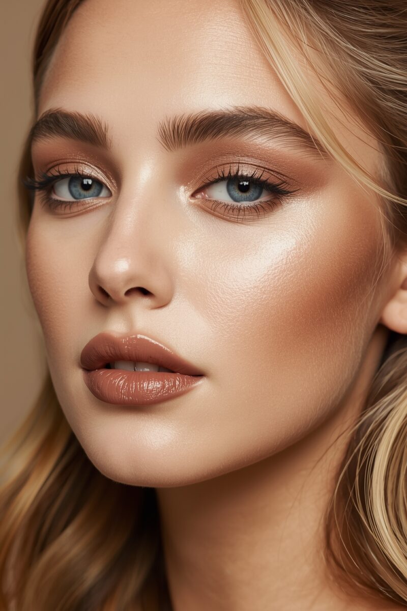 Close-up beauty portrait of blonde woman with blue eyes, bronzy eye makeup, and glossy mauve lips