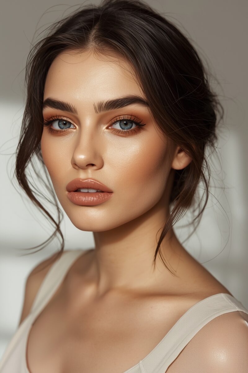 Young woman with dark updo hair, blue eyes, warm bronze eye makeup, and nude glossy lips in white top