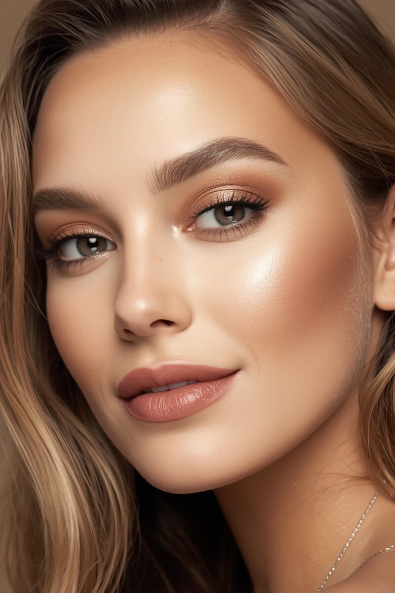 Close-up portrait of a woman with blonde hair wearing warm bronzed eye makeup and mauve lip color
