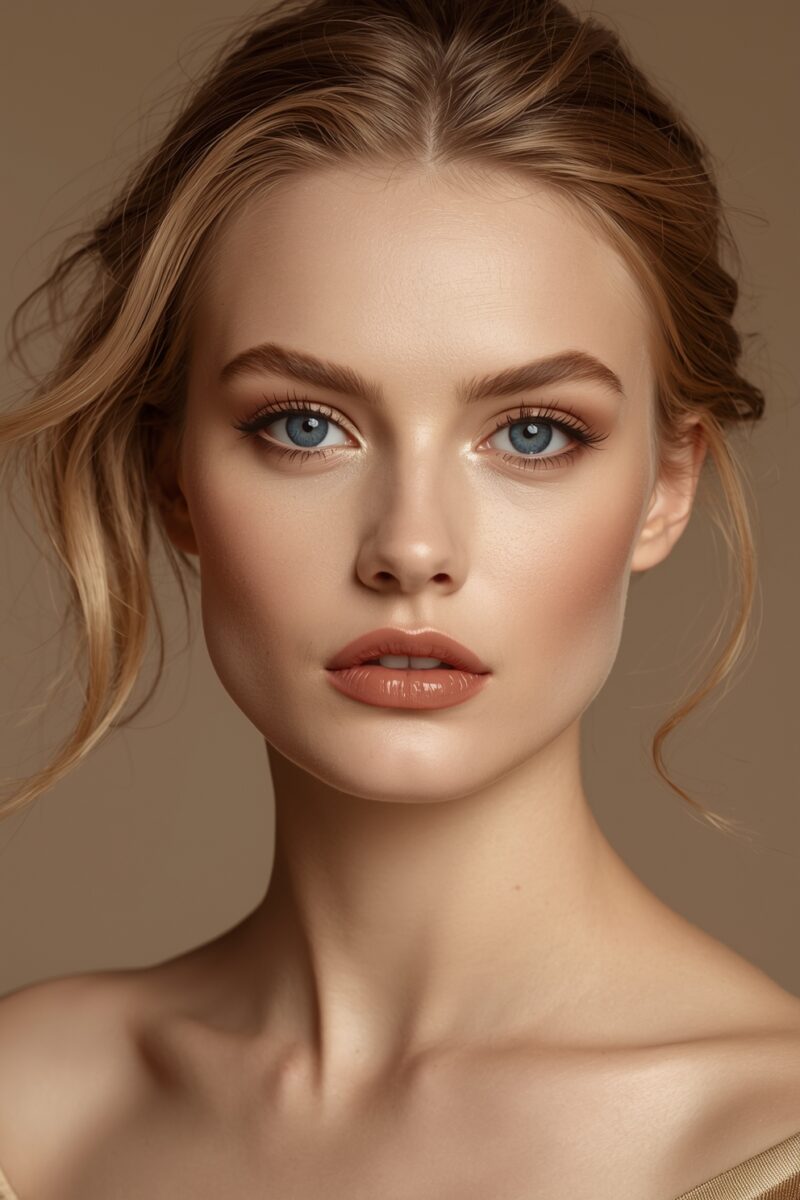 Close-up portrait of a woman with blue eyes, blonde updo hair, and natural glam makeup on a beige background