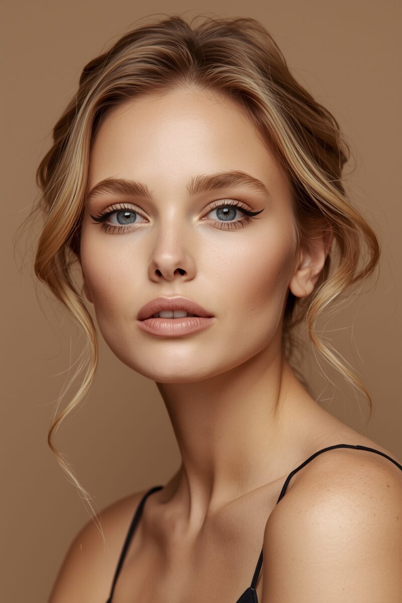 Young woman with blonde updo hairstyle and natural makeup featuring winged eyeliner against tan background