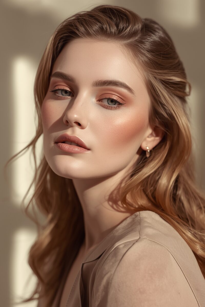 Young woman with auburn hair and blue eyes wearing warm peach makeup and beige top in soft natural lighting