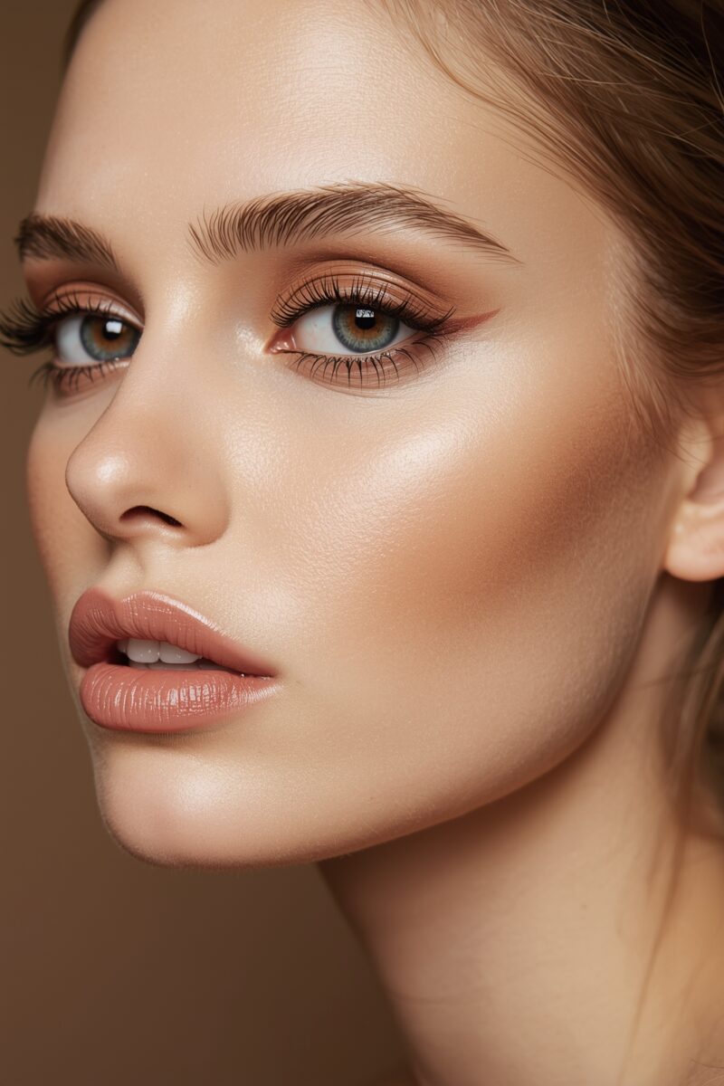 Close-up portrait of woman with blue-green eyes, winged eyeliner, bronzed contoured skin, and nude glossy lips