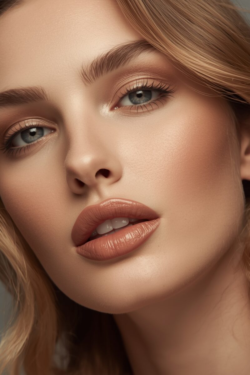 Close-up beauty portrait of blonde woman with blue eyes, bronzy eye makeup, and glossy nude-mauve lips