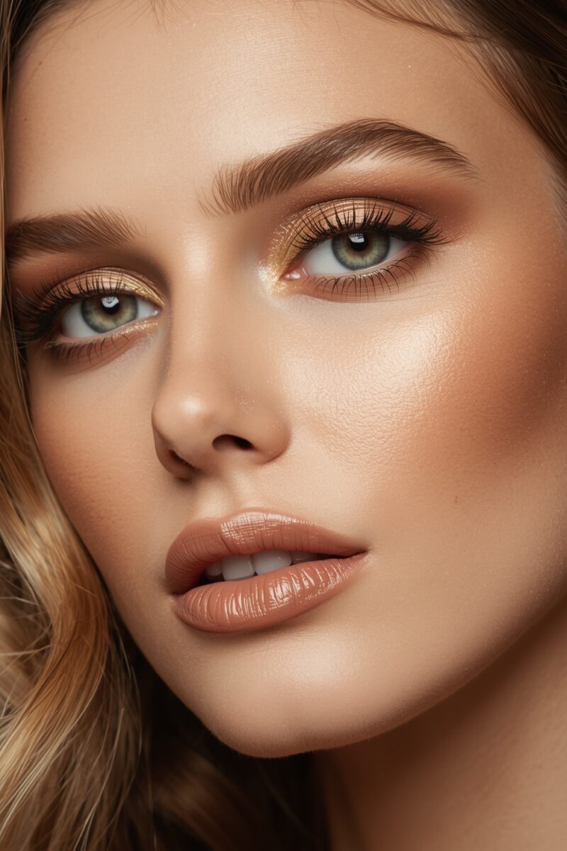 Close-up beauty portrait of woman with green eyes, gold eyeshadow, glowing skin, and nude glossy lips