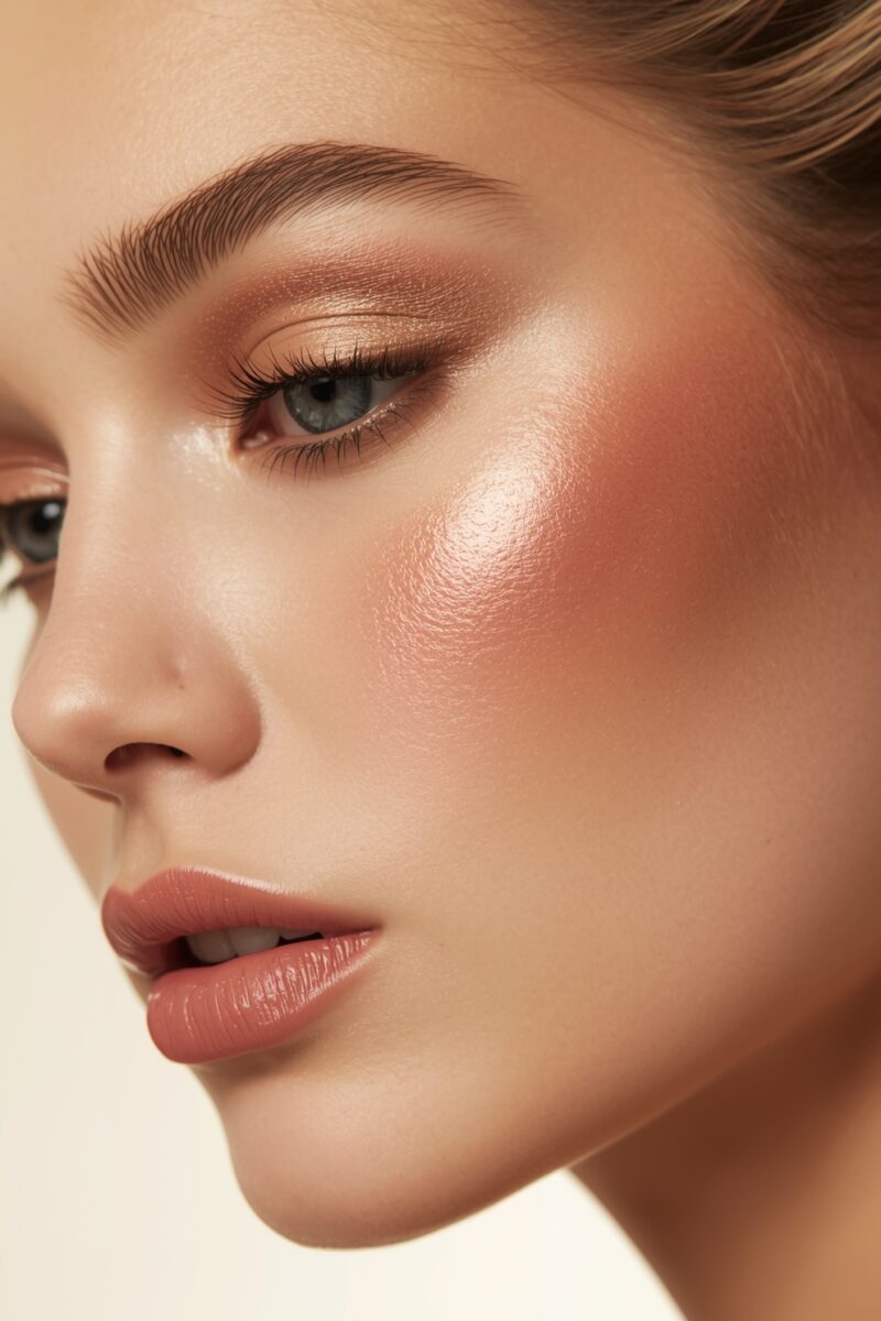 Close-up beauty shot of woman with rose gold eyeshadow, warm blush, highlighter, and mauve lip color