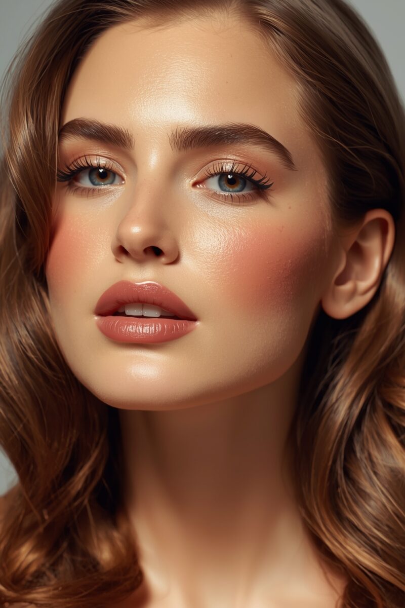 Close-up beauty portrait of young woman with blue eyes, glossy mauve lips, rosy blush, and wavy brown hair