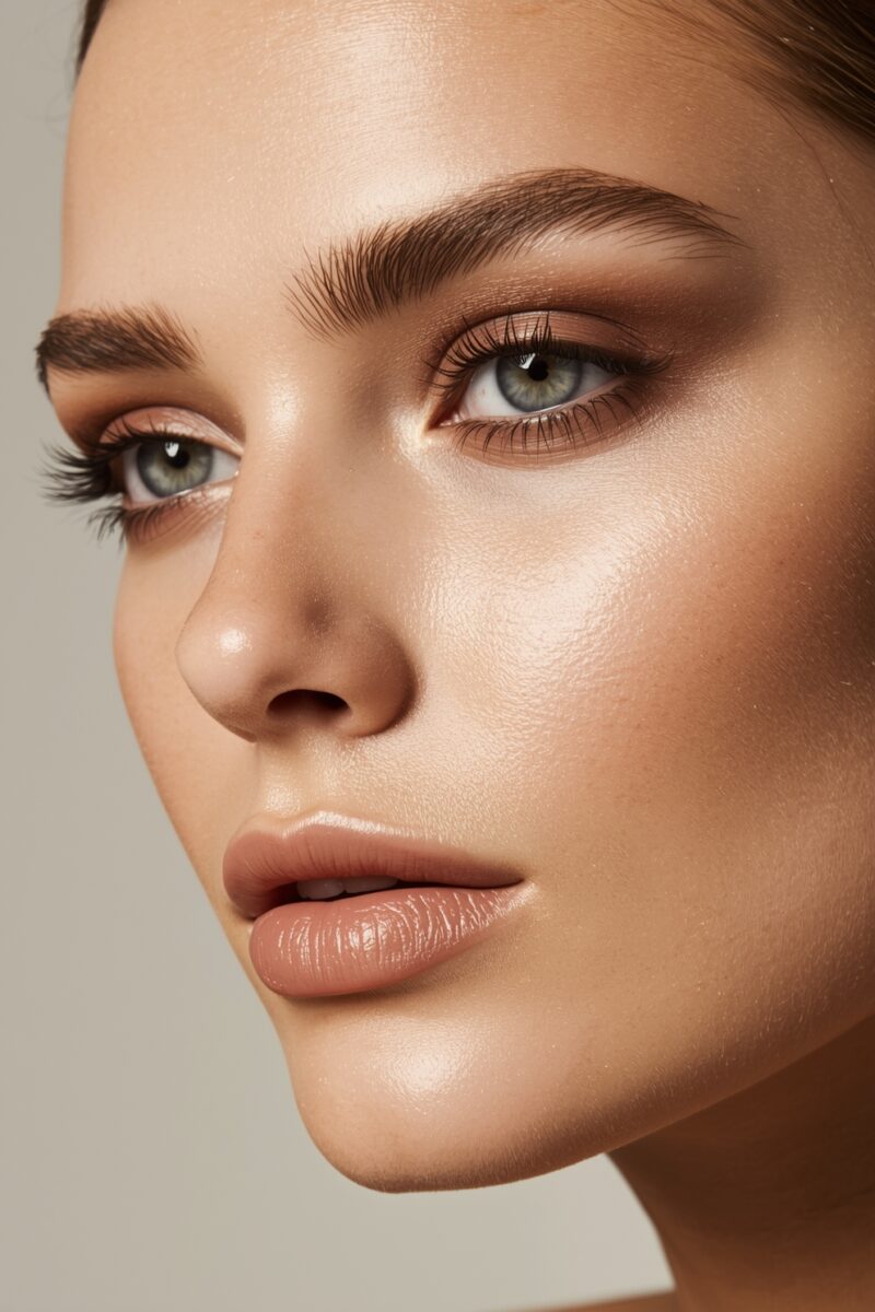 Close-up beauty portrait of a woman with glowing skin, defined brows, smoky eye makeup, and nude lips
