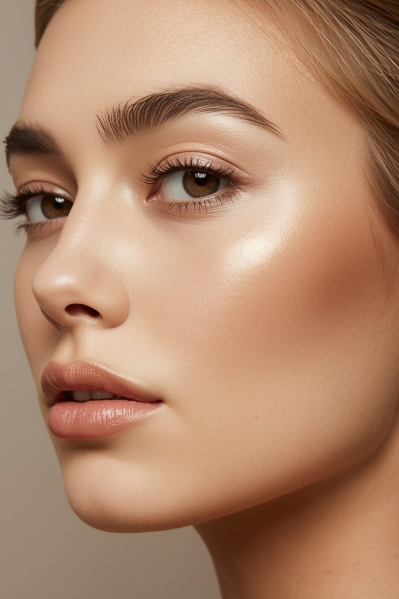 Close-up portrait of a woman with glowing skin, defined brows, natural makeup, and hazel eyes
