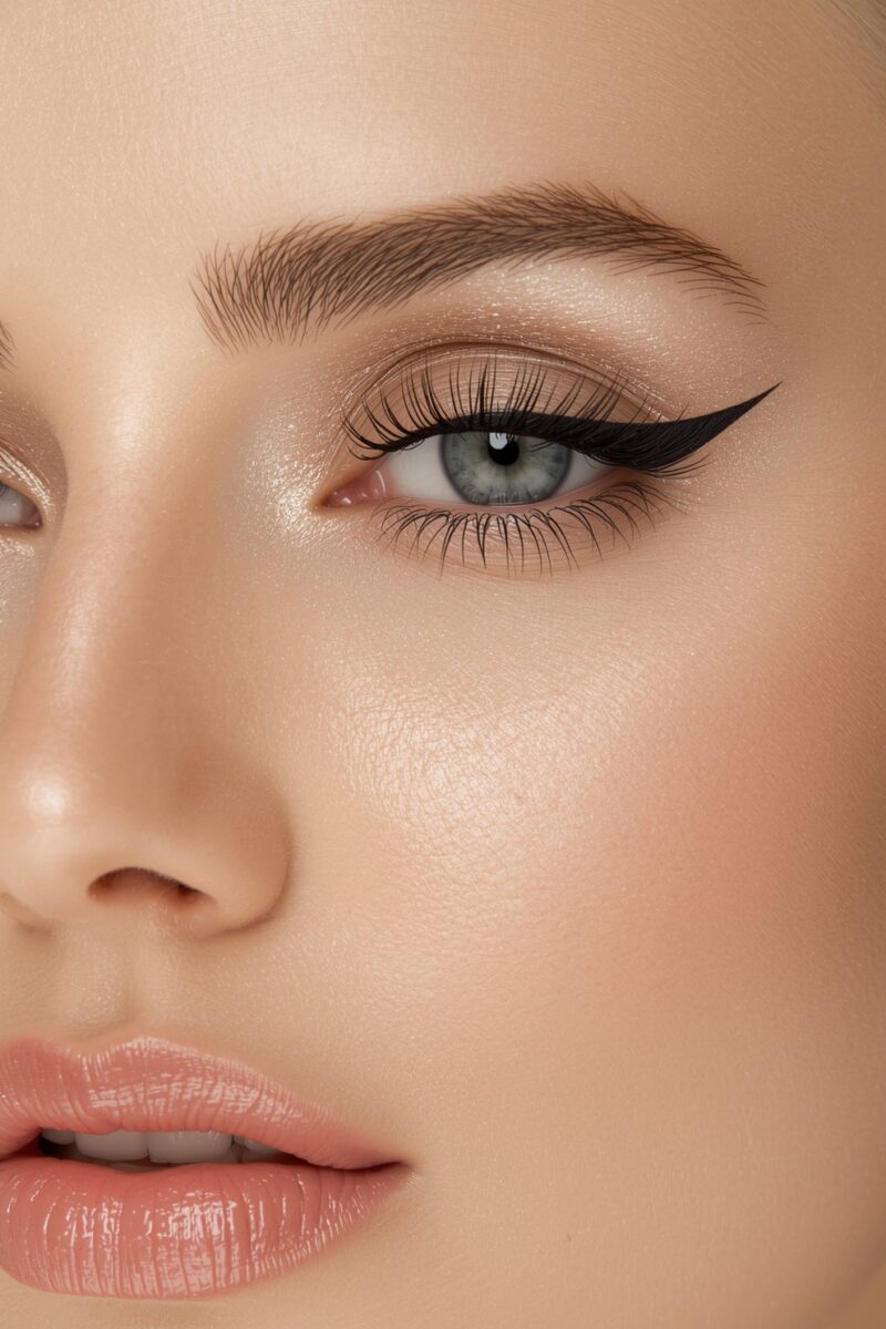 Close-up beauty shot of blue eyes with dramatic cat-eye eyeliner, long lashes, and glossy nude pink lips