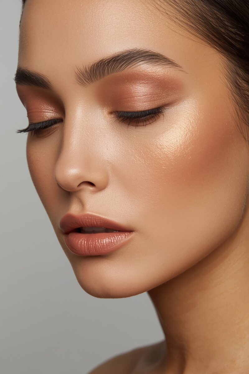 Close-up of a woman with flawless skin wearing warm bronze eye shadow, highlighted cheekbones, and nude lips