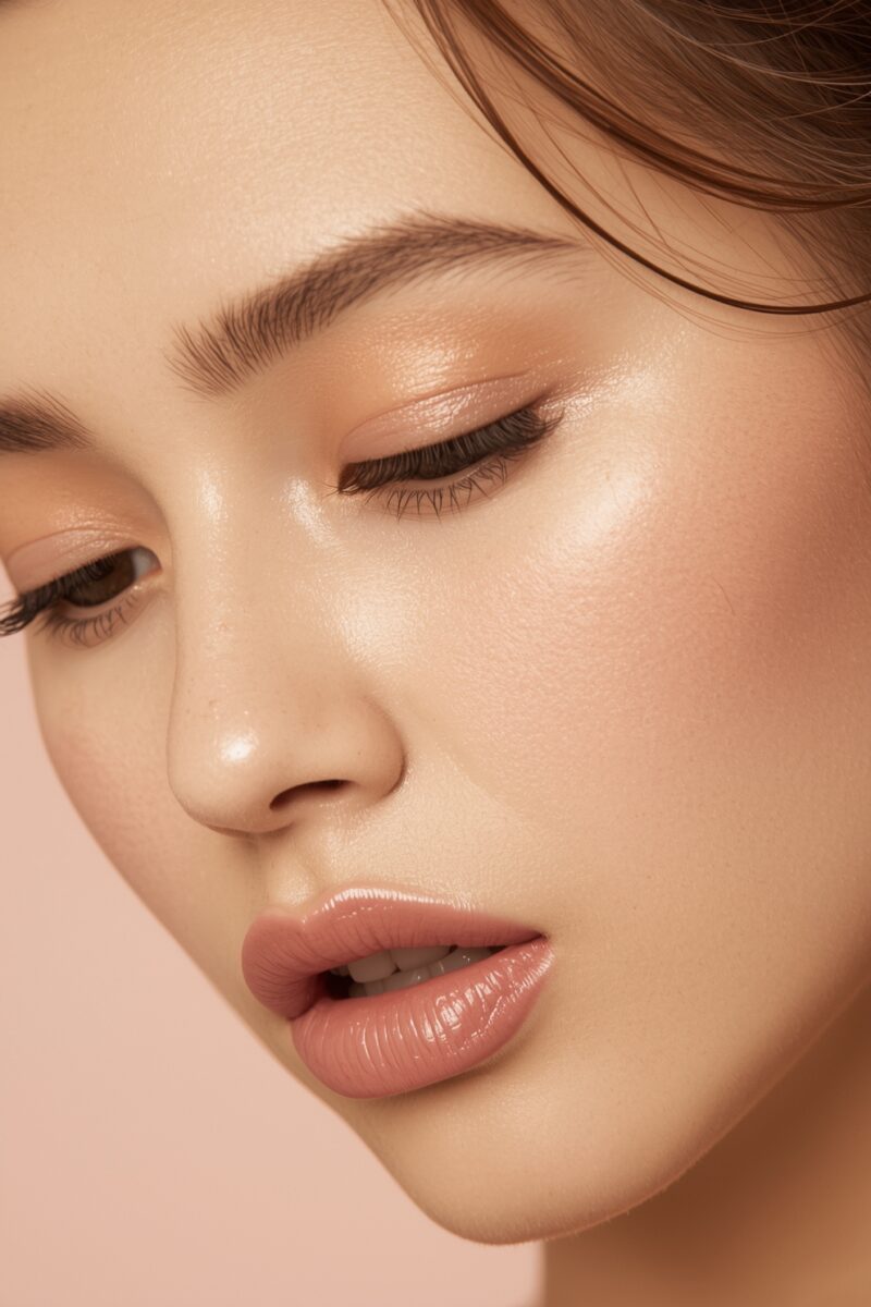 Close-up portrait of a woman with flawless skin, neutral makeup, glossy nude lips, and defined brows