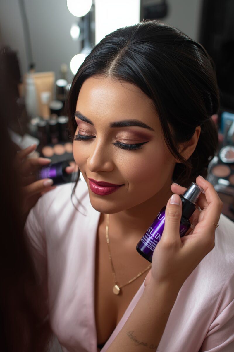 Professional makeup artist applying setting spray to a woman with dark hair wearing burgundy eyeshadow and lips