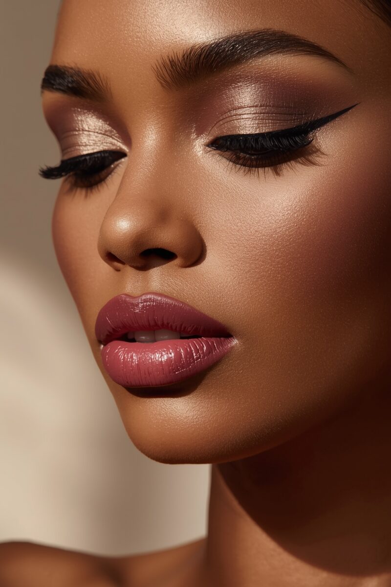 Close-up of a woman with glowing skin wearing bold cat-eye liner, mauve eyeshadow, and deep rose glossy lips