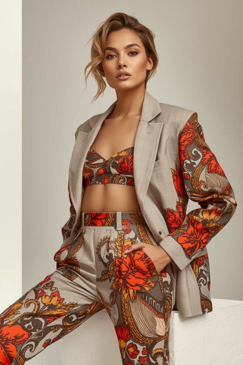 Woman wearing floral print co-ord set with beige blazer, crop top, and wide-leg trousers in red and orange