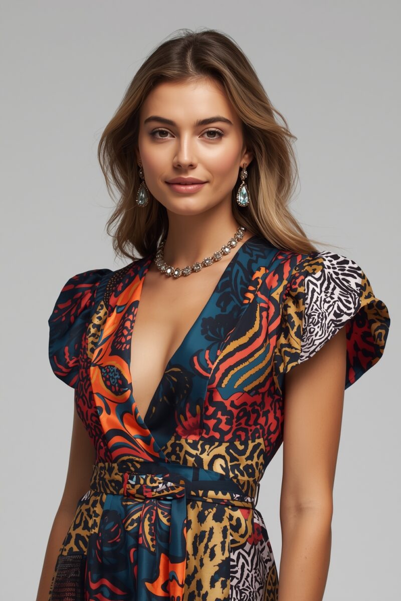Woman wearing a vibrant mixed-print deep V-neck dress with flutter sleeves, teardrop earrings, and crystal necklace