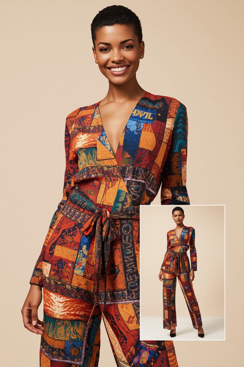 Woman wearing vibrant multicolor patchwork-print wrap top and wide-leg pants two-piece matching set
