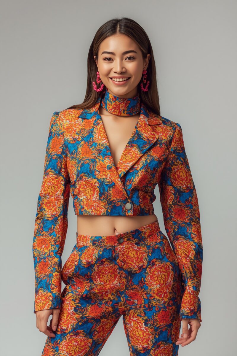 Young woman wearing a vibrant orange and blue floral print cropped blazer and matching trousers set with pink earrings
