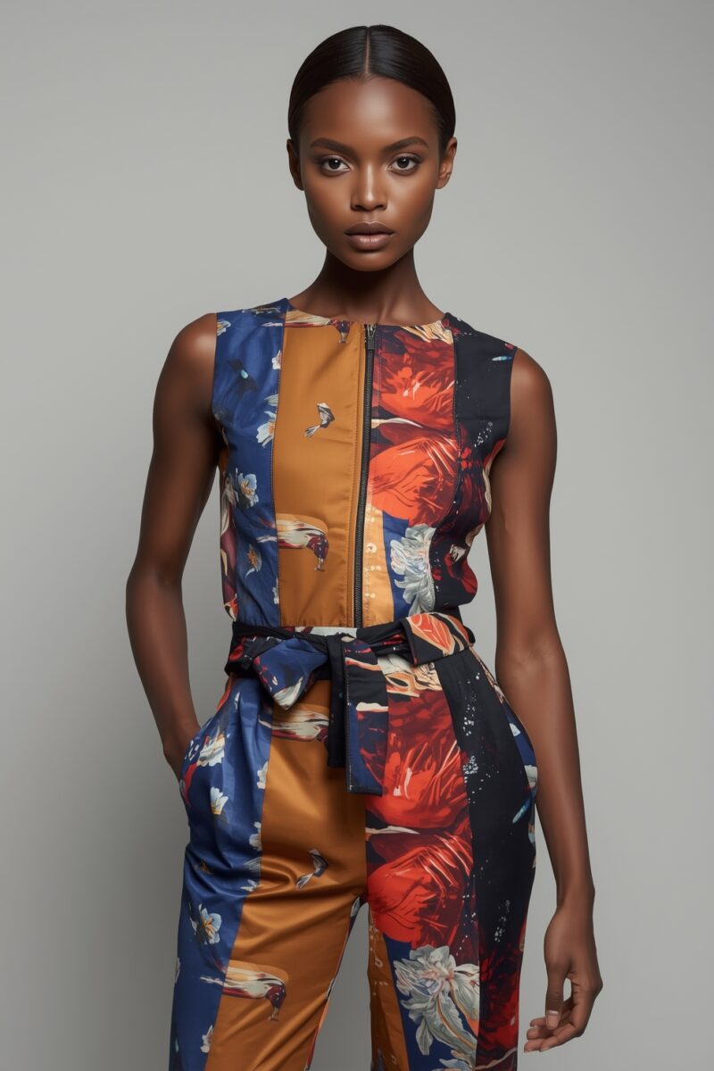 Female model wearing a colorful patchwork floral jumpsuit with blue, orange, and red panels and a front zipper